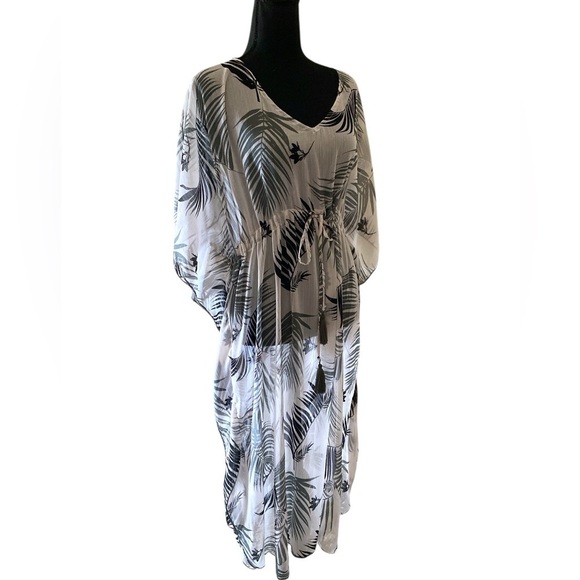 Ladies Palm Leaf Tropical Print Kaftan White Green Size XL LIKE NEW Cover-Up - Picture 4 of 9